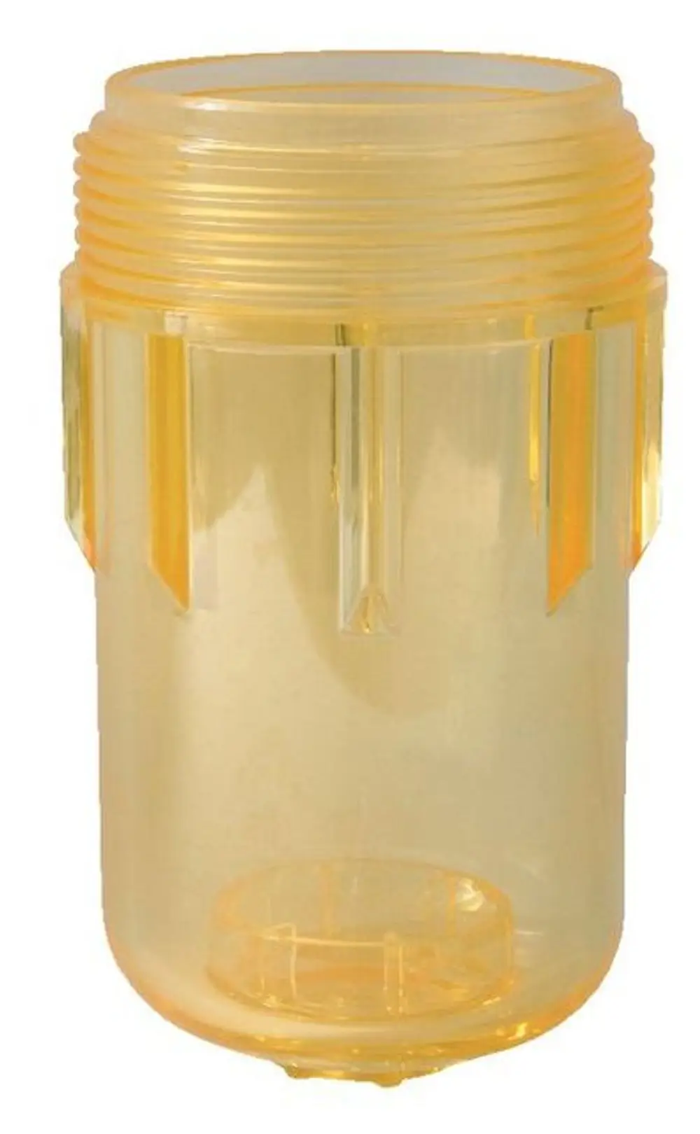 Transparente, gelbe Filtertasse von Syr, mit gewindeförmigem oberen Rand und einer runden Basis. Ideal zur Verwendung in entsprechenden Geräten.